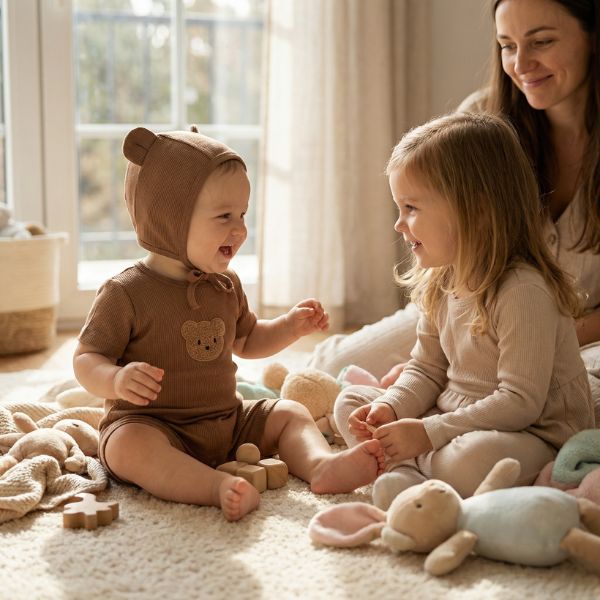 Pyjama bébé garçon camel. Complicité et jeux en famille.