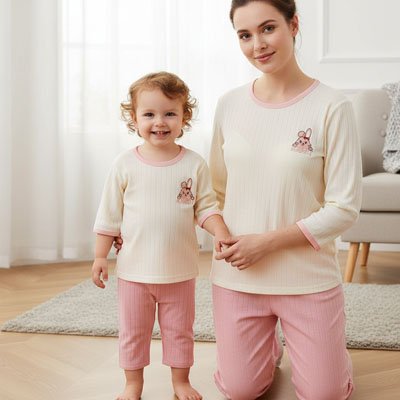 Pyjama bebe deux pièces rose écru, tenues coordonnées mère-fille