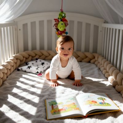 Bébé assis sur ses genoux avec les mains posées dans son lit à barreaux, entouré d’une tresse de lit, avec un livre devant lui