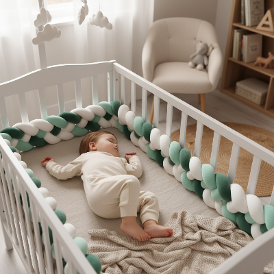Bébé dans son lit à barreaux, protégé par une tresse de lit 3m douce et sécurisante.