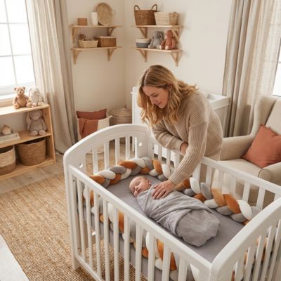 Bébé dort dans un lit à barreaux protégé par une tresse de lit 3m et sa maman le regardant tendrement