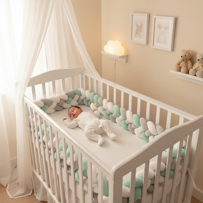 Bébé endormi dans son lit, entouré d’une tresse de lit 3 m douce et sécurisante.