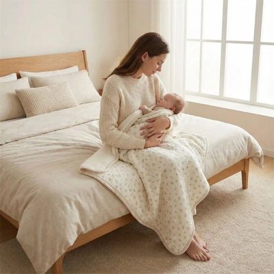Couverture bébé beige à motif floral délicat utilisée par une maman berçant son nouveau-né 