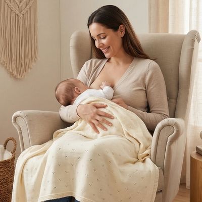 Couverture bébé douce en coton pour allaitement confort maman et nouveau-né fauteuil beige