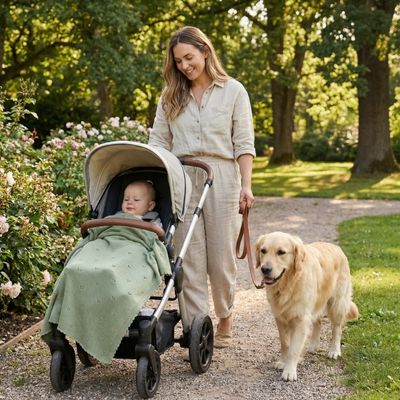 Couverture bébé douce vert sauge utilisée en promenade dans poussette avec maman et chien en extérieur