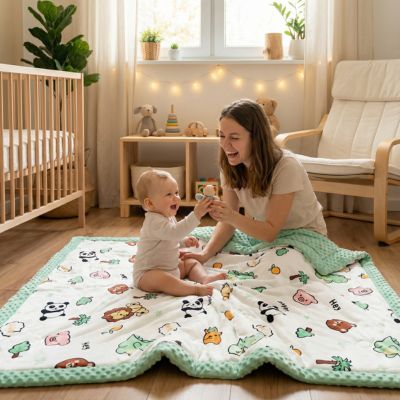 Couverture bébé motifs animaux pastel - Maman et bébé jouant sur tapis de jeu avec couverture douce vert menthe