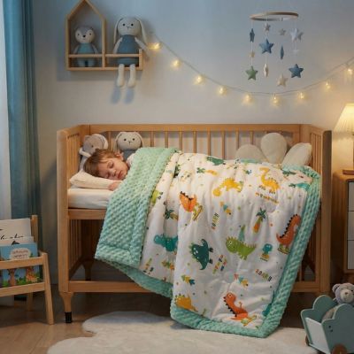 Couverture bébé – petit garçon qui dort confortablement sous couette chaude motifs dinosaures