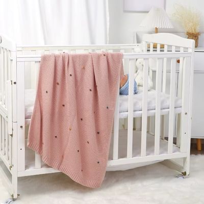  Couverture bébé rose à motifs pois sur lit bébé blanc dans chambre claire et apaisante