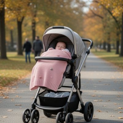  Couverture bébé rose utilisée en nid d'ange dans poussette lors d'une promenade automnale en parc
