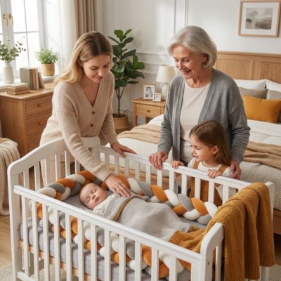 Famille trois générations admirant bébé dans lit à barreaux blanc protégé par tresse de lit 3m