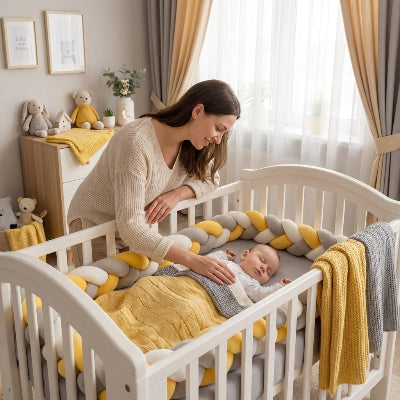 Maman surveille tendrement son bébé qui dort entouré par une tresse de lit 3m