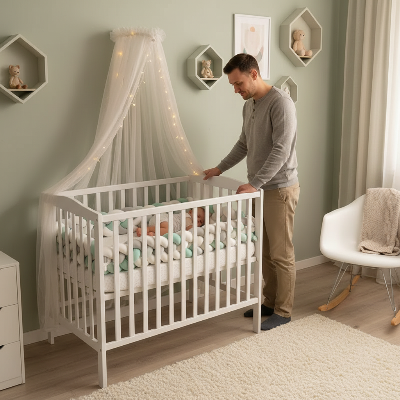Papa se tient debout à côté du lit de son bébé qui dort, entouré d’une tresse de lit 3 m
