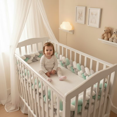 Petite fille assise dans son lit, entourée d’une tresse de lit 3 m douce et protectrice.