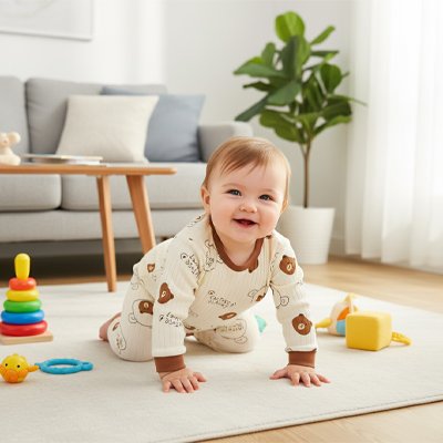 Pyjama bébé en coton doux motif ourson marron, bébé souriant à quatre pattes sur tapis de jeu avec jouets colorés dans salon lumineux
