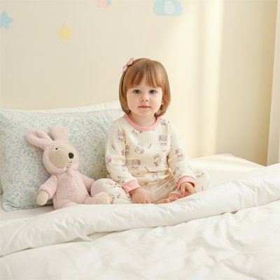 Pyjama bébé fille en coton doux avec motif ourson beige et rose, fillette assise sur lit blanc avec peluche lapin et literie pastel