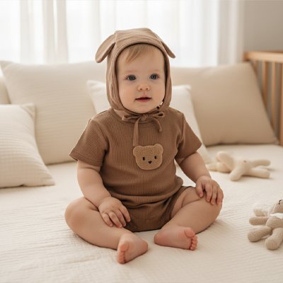 Pyjama bébé garçon camel à capuche. Bébé souriant et à l'aise.
