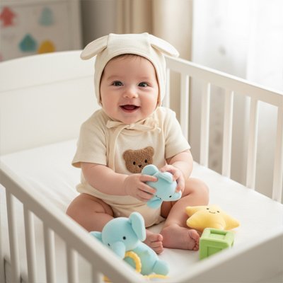 Pyjama bébé garçon écru à capuche. Bébé s'amuse avec ses jouets.