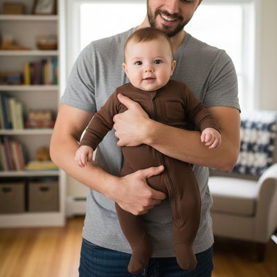 Pyjama bébé garçon marron. Moment complice avec papa.