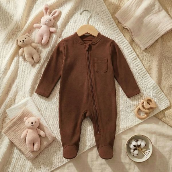 Pyjama bébé garçon marron : fermeture éclair, poche, pieds intégrés. Ambiance douce et naturelle.