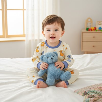 Pyjama bébé garçon à motifs dinosaures colorés avec col bleu, enfant assis sur lit blanc tenant peluche ourson bleu dans chambre lumineuse