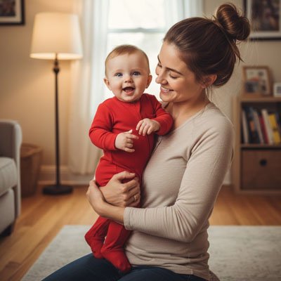 Pyjama bébé garçon rouge. Bébé heureux câliné par maman.