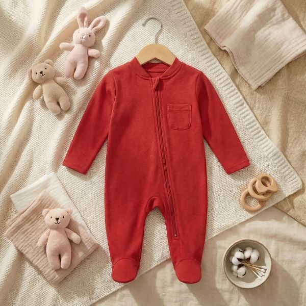 Pyjama bébé garçon rouge : fermeture éclair, poche, pieds intégrés. Ambiance douce et cocooning.