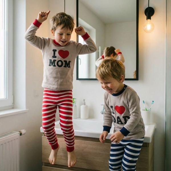 Pyjama bebe - Deux enfants complices s'amusent joyeusement dans la salle de bain