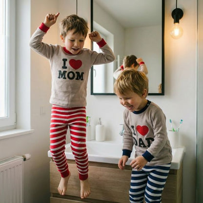 Pyjama bebe - Deux enfants complices s'amusent joyeusement dans la salle de bain