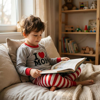 Pyjama bebe - Enfant confortablement installé lit un livre d'histoires