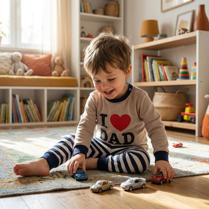 Pyjama bebe - Enfant joue avec ses petites voitures dans sa chambre lumineuse