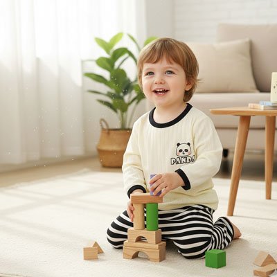 Pyjama bebe Panda crème rayé noir, enfant souriant jouant avec cubes