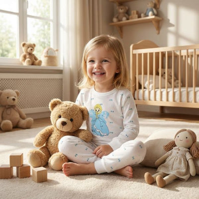 Pyjama bebe a motif Reine des Neiges, petite fille souriante avec peluches dans chambre lumineuse.
