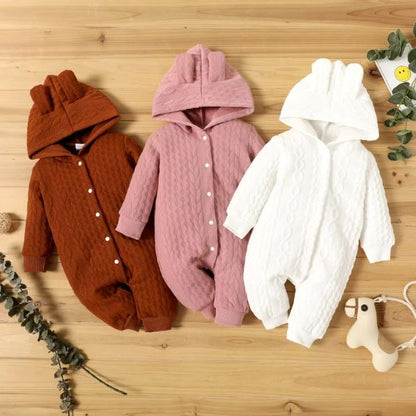 Pyjama bebe avec capuche à oreilles en 3 couleurs : marronchocolat, rose poudré et blanc