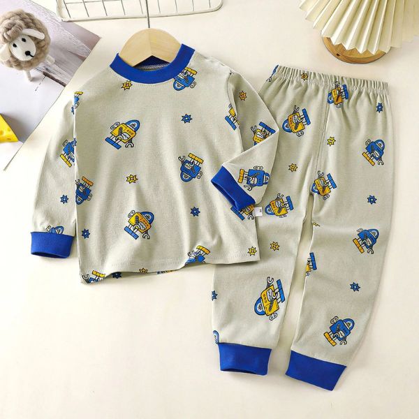 Pyjama bebe : beige a motifs robots bleus et jaunes
