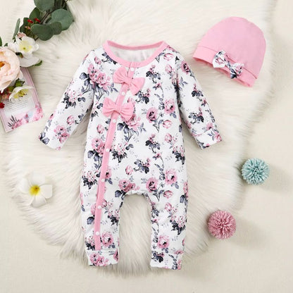Pyjama bebe blanc à fleurs avec nœuds rose, bonnet assorti et chaussons