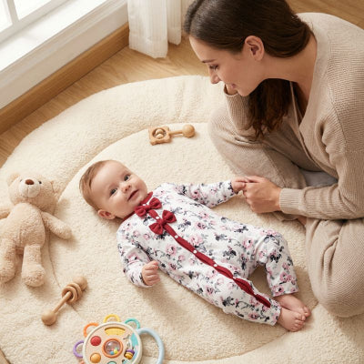 Pyjama bebe blanc à fleurs avec nœuds rouges, bébé allongé sur tapis avec maman et jouets