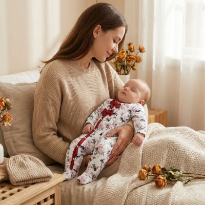 Pyjama bebe blanc à fleurs avec nœuds rouges, maman tenant son nouveau-né dans ses bras.