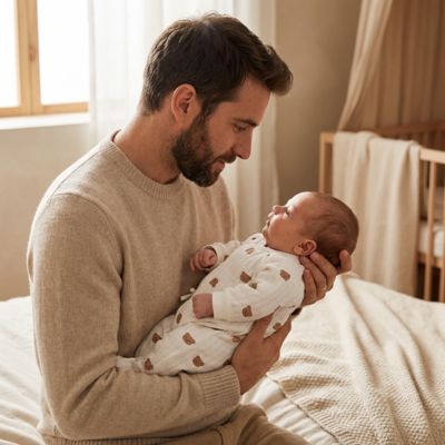 Pyjama bebe blanc imprimé oursons, moment tendre papa-bébé