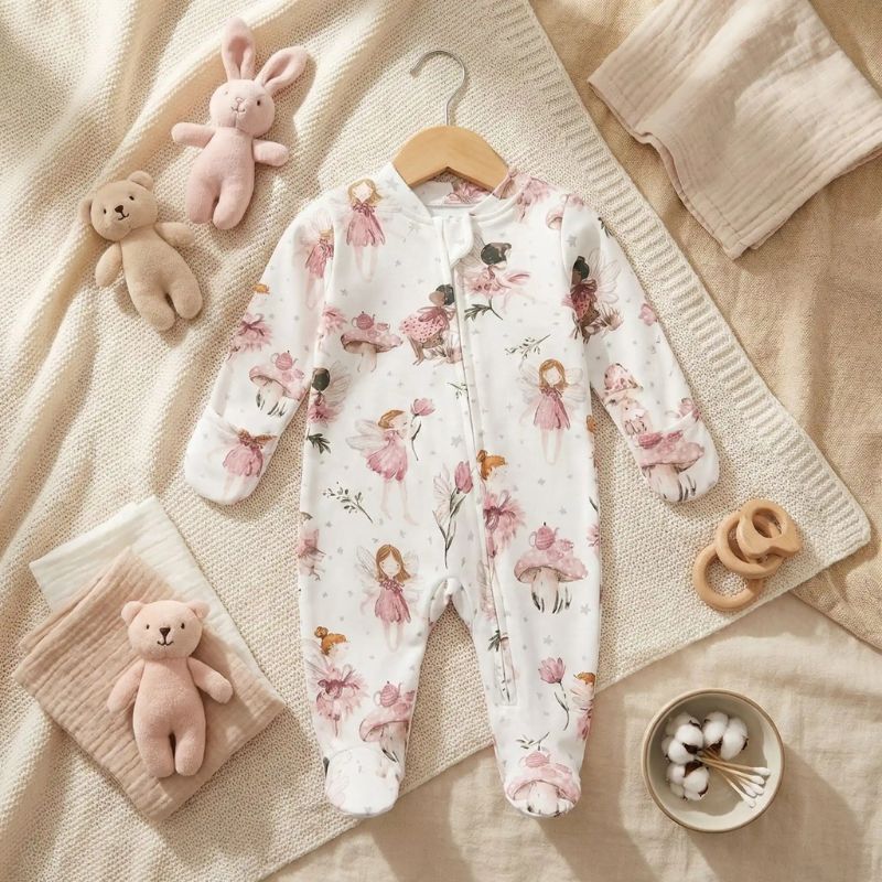Pyjama bebe blanc à imprimés tendres avec fermeture zippée, posé sur textiles doux avec peluches.