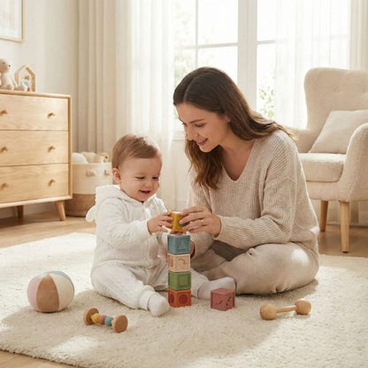 Pyjama bebe blanc porté par un bébé jouant avec des cubes en bois avec sa maman