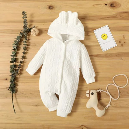 Pyjama bebe blanc tricoté avec capuche à oreilles et boutons pression