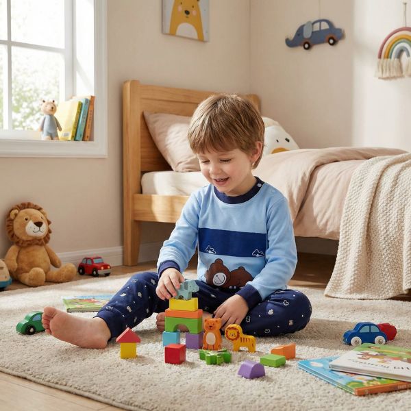 Pyjama bebe bleu motif ourson, enfant joue avec cubes colorés dans sa chambre