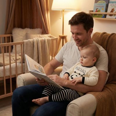 Pyjama bebe crème rayures noires, bébé lisant avec son père