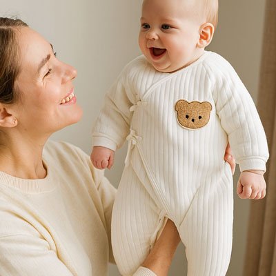 Pyjama bebe écru motif ourson, bébé souriant porté par maman