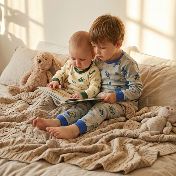 Pyjama bebe : deux enfants lisent ensemble sur le lit,