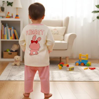 Pyjama bebe deux pièces rose écru, enfant debout, vue de dos lapin brodé