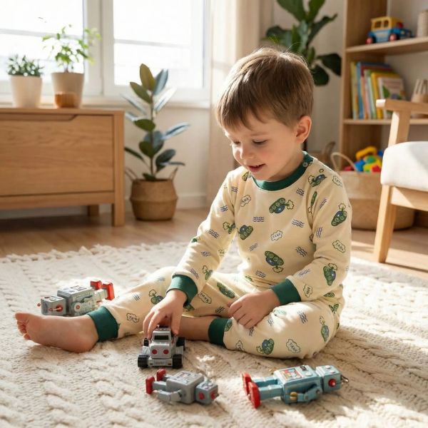 Pyjama bebe : enfant joue avec des jouets dans le salon, porte un pyjama beige a motifs chars verts