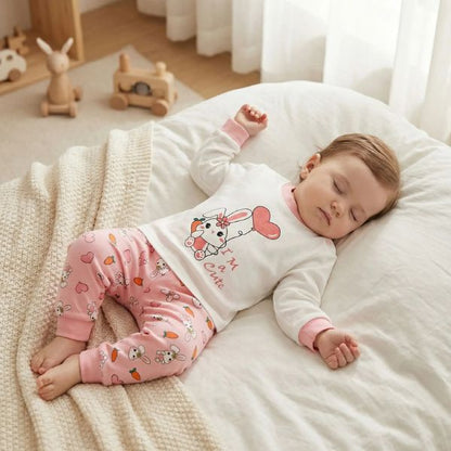 Pyjama bebe fille blanc et rose avec lapin "I'M A CUTIE" - Bebe dort paisiblement sur le lit avec ses jouets.