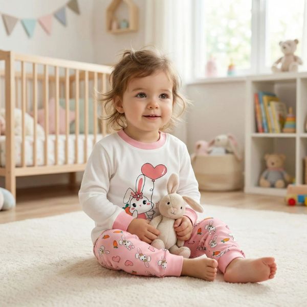 Pyjama bebe "I'M A CUTIE" - Petite fille souriante assise dans sa chambre avec son doudou.