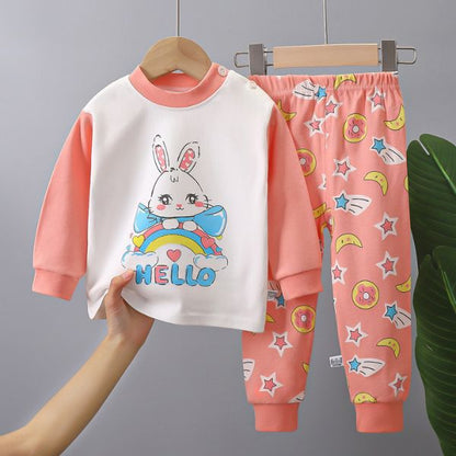 Pyjama bebe fille  - Ensemble complet sur cintre avec lapin arc-en-ciel "HELLO" et motifs etoiles lunes.